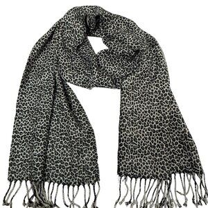 TALBOTS Scarf Leopard Print Soft Acrylic Gray Black Fringed